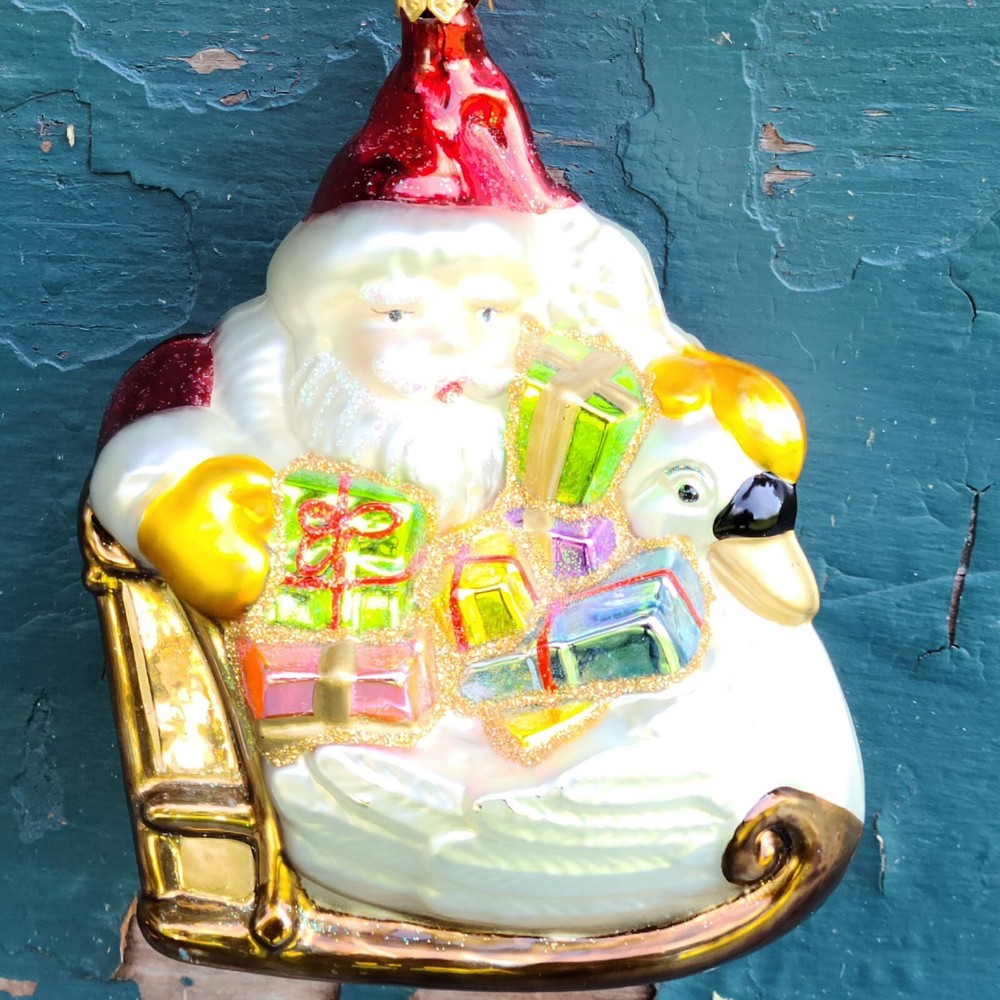 Santa Claus Sleigh Blown Glass Hand Crafted Christmas Tree Ornament