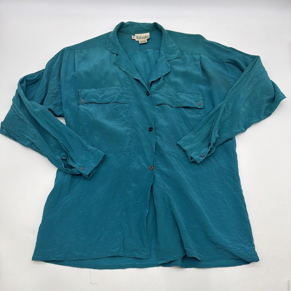 Rafaella 100% Silk Button Up Shirt Women Size 10 Blue .#44977
