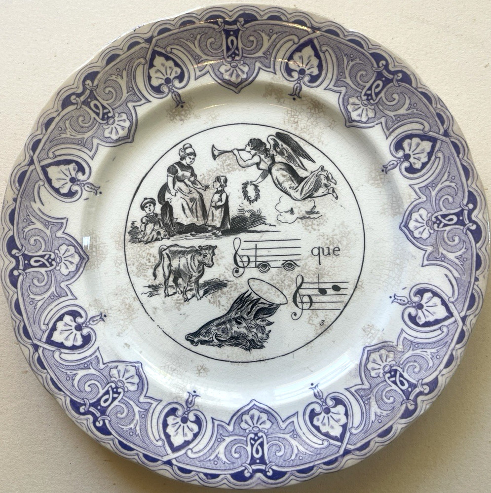 Antique Sarreguemines Transferware Plate Proverbs Angel Purple French