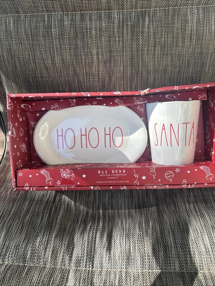 Rae Dunn HoHoHo Santa Cookies & Milk Ceramic Oval Plate & Mug Set Christmas