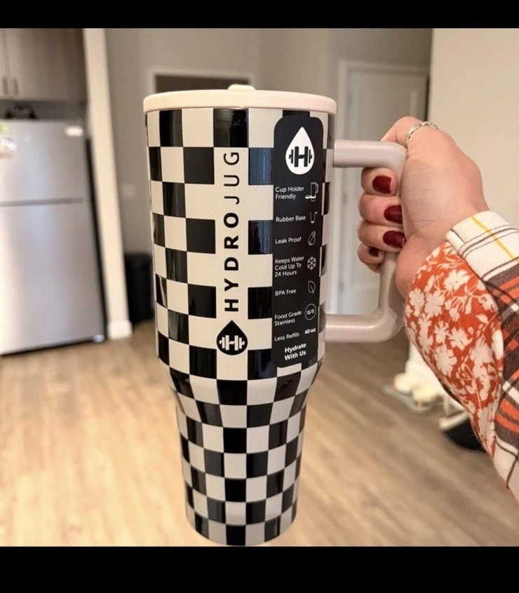 HydroJug 40oz Black White Checker Trendy Cup With Handle travel mug,Nice present