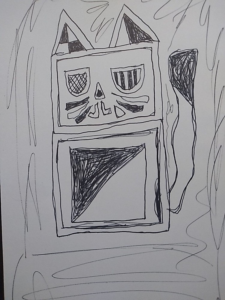 Abstract Cat Black Ink Art on 5x8 Index Card Signed and Dated Original-image