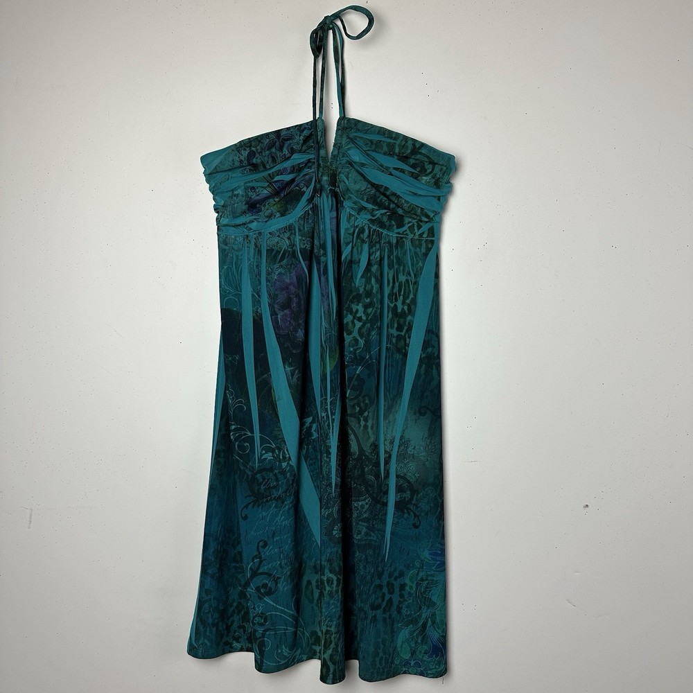 Vtg City Triangles Halter Dress Green Abstract Y2K 90s Whimsigoth Forest Fairy M-image