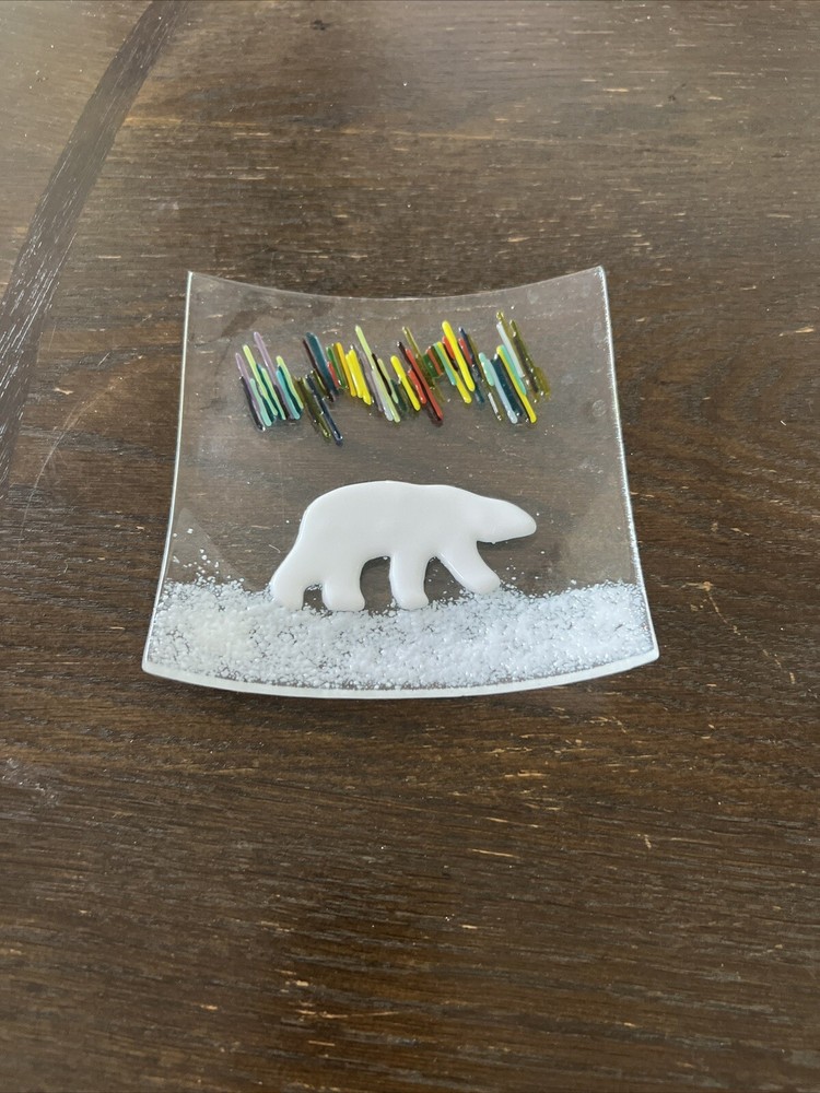 Fused Studio Art Glass Plate Dish Polar Bear Northern Lights Alaska Modern Art