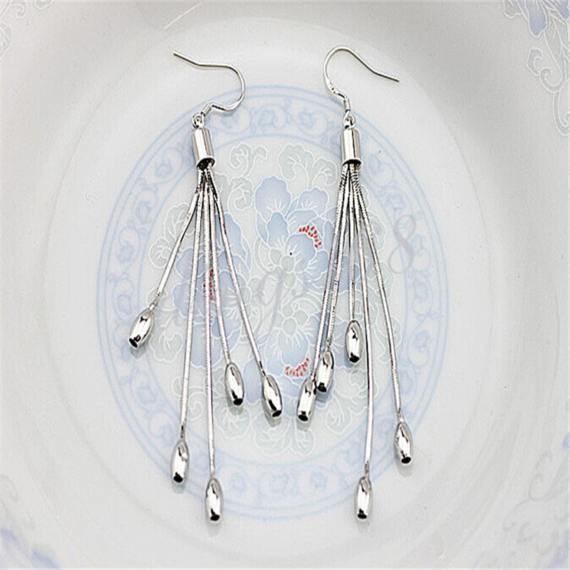 925 Sterling Silver Tarnish-Resist Long Thread Bead Tassels Dangle Earrings X754