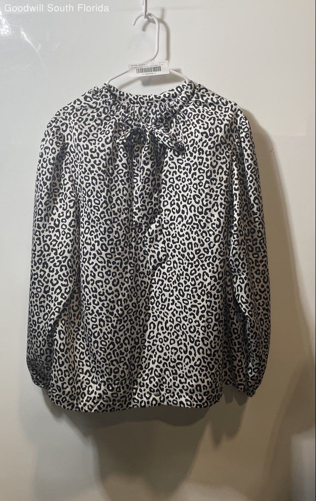 Ann Taylor Womens White Black Animal Print Long Sleeve Tie Neck Blouse Top Sz XL