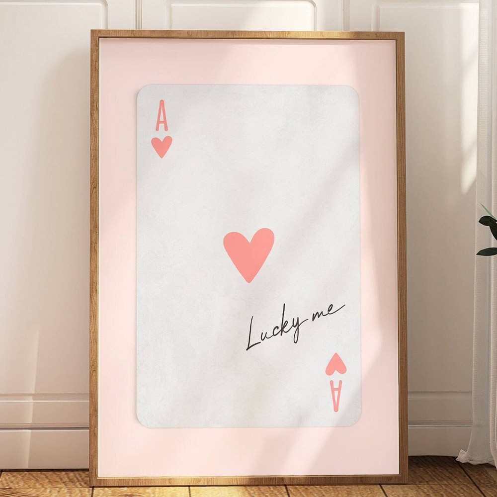 Blush Pink Wall Art Retro Ace Of Hearts Print Lucky Me Poster Vintage Playing