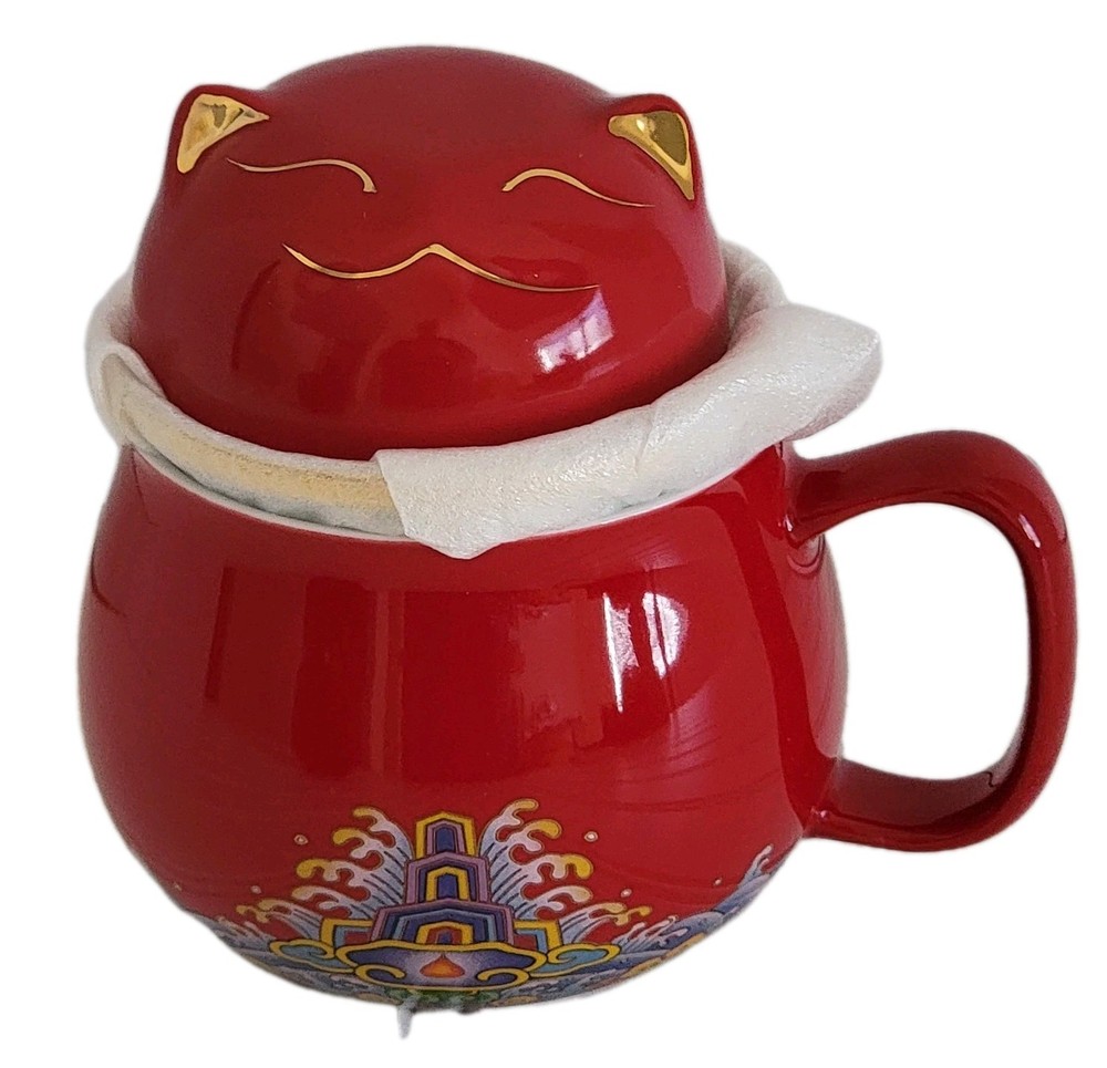 Portable Tea Mug Red Ceramic Cat Kitty Travel Cup with Strainer Infuser & Lid