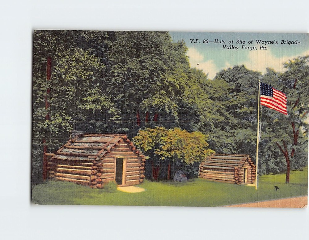 Postcard Replica Huts and Site of Wayne's Brigade Valley Forge Pennsylvania USA