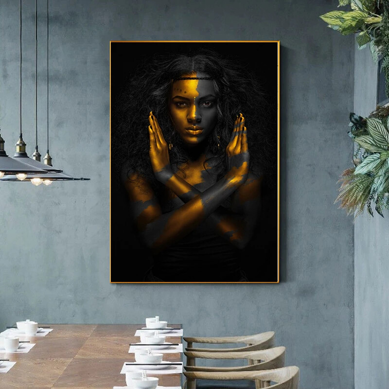 Gold Black Woman Canvas Painting African Art Woman Poster Canvas Wall Art Mural