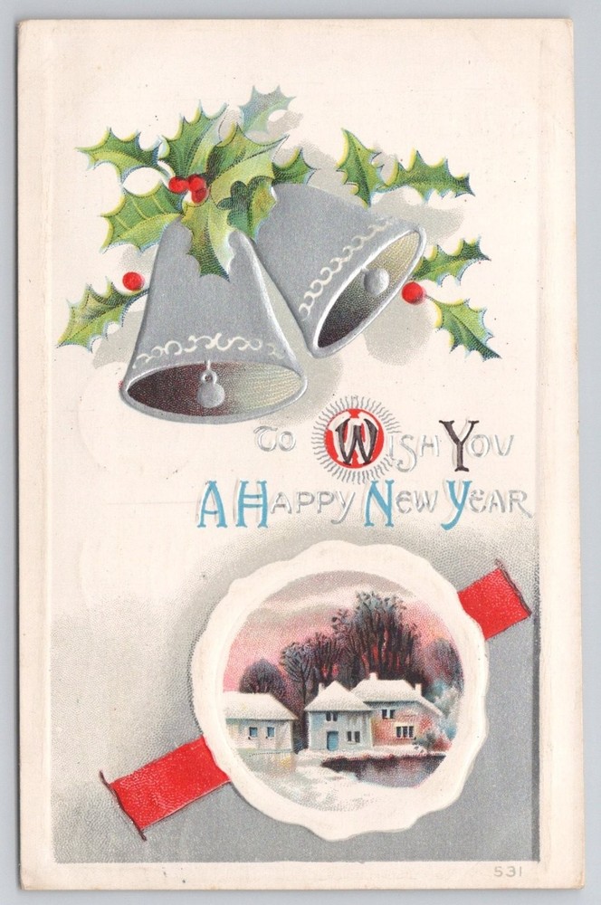 1910 Happy New Year Postcard Embossed Bells Holly Winter Scene Newark NJ