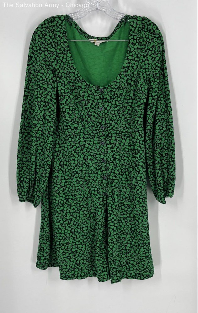 Boden Womens Green Black Floral Scoop Neck Long Sleeve Mini Dress Size 8R