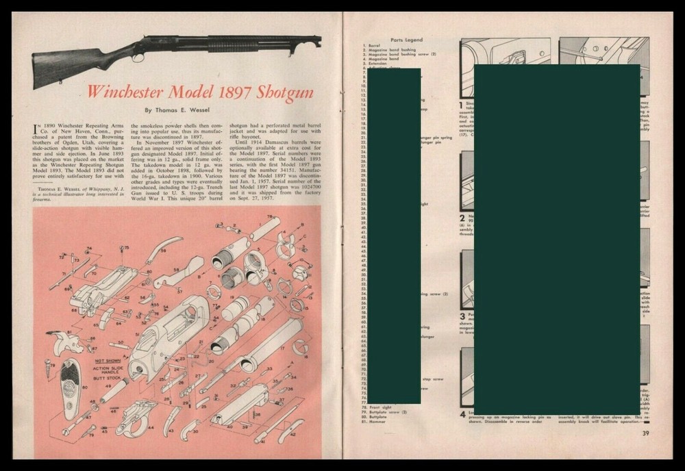 1959 WINCHESTER 1897 Rifle Scematic Exploded Parts List Assembly Article