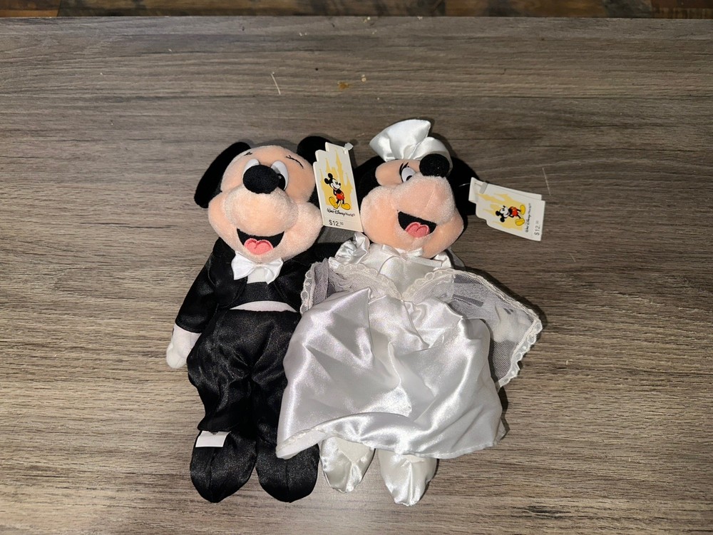 Vintage Disney Mickey and Minnie Bride Groom Wedding Plush Bean Bag NWT