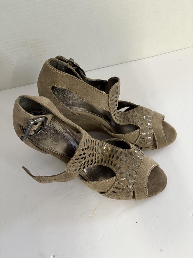 Vince Camuto Shoes Womens Size 9 Suede Wedge Sandals Cutout Peep Toe Buckle