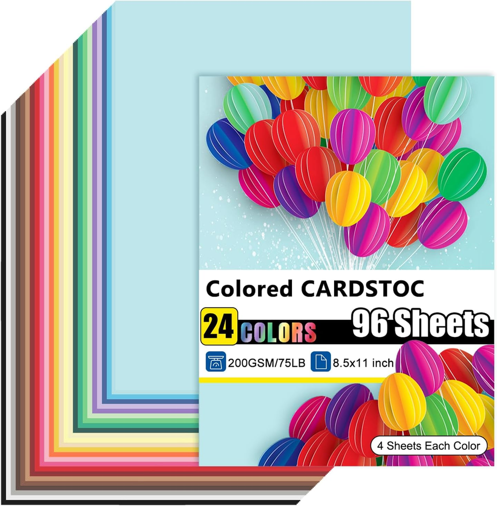 96 Sheets Colored Cardstock 24 Colors, 8.5X11 Color Cardstock Bulk, 200Gsm/75Lb