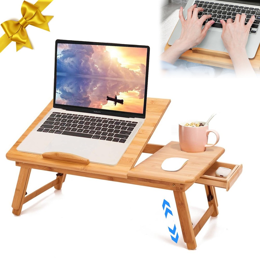 Bamboo Laptop Desk Adjustable Breakfast Serving Bed Tray Reading Writing Table