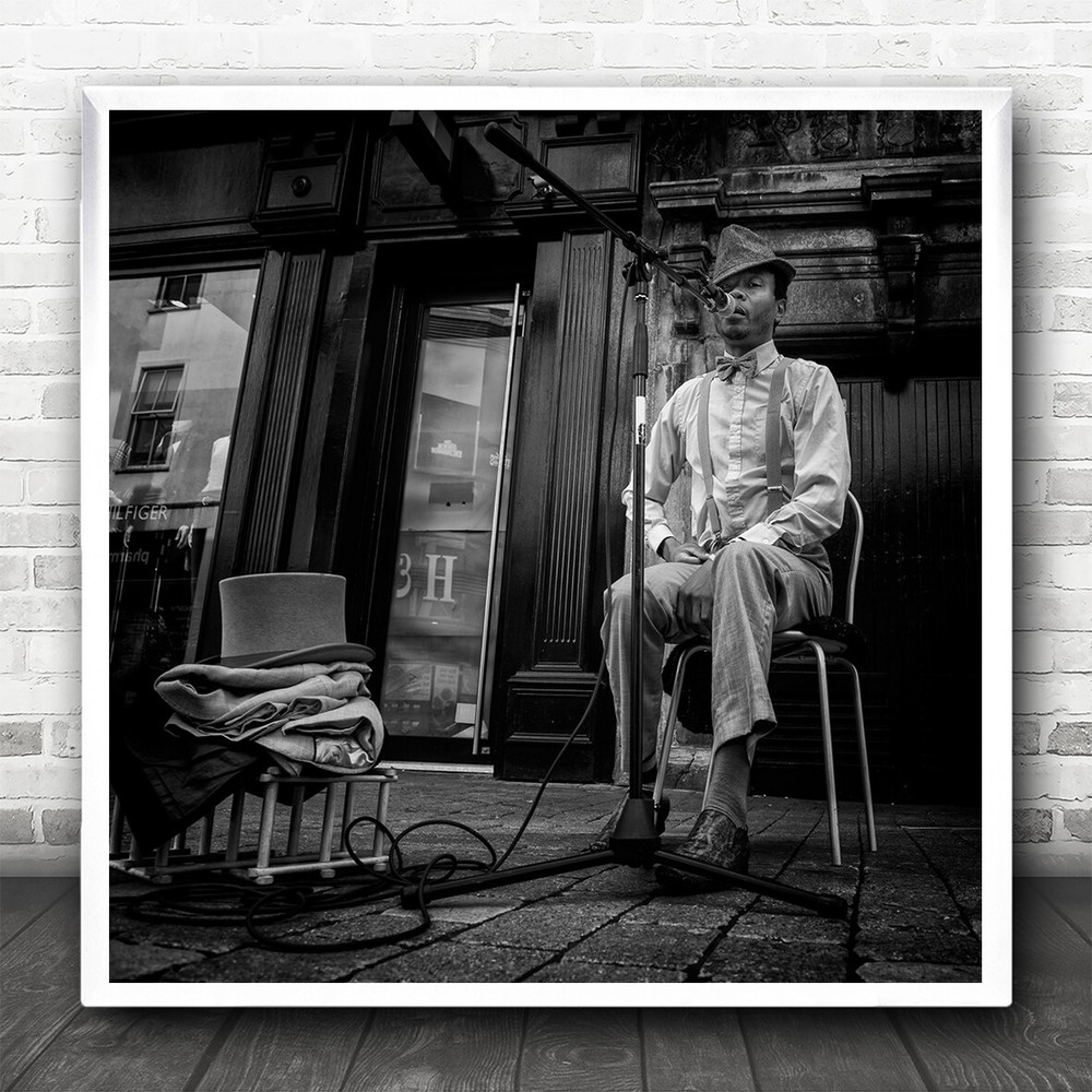 Street B&W Black White Composition Hats Microphone Man Singing Square Art Print