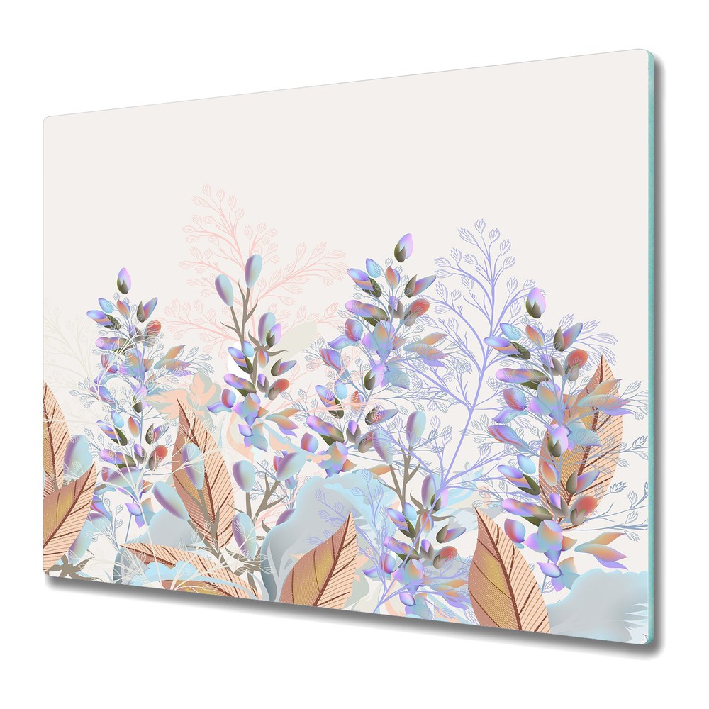 Glass Cutting Board Worktop Saver Pastel Leaves Vintage Field Floral 60x52
