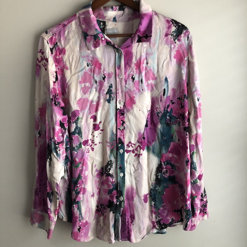 Chicos Womens Blouse Abstract Floral Button-up Long Sleeve Shirt Size 3 16/18