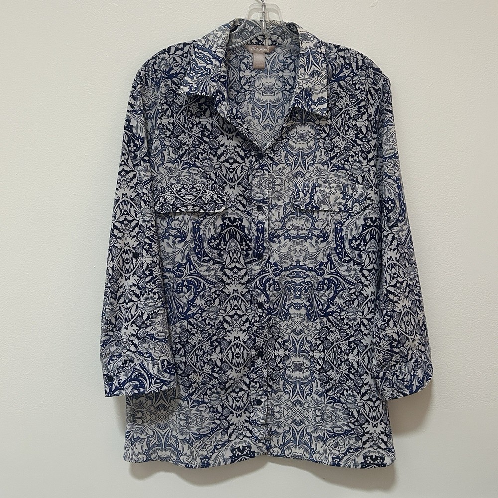 White Stag Blue Floral Boho Button Up 3/4 Sleeve Blouse Womens XL Chic