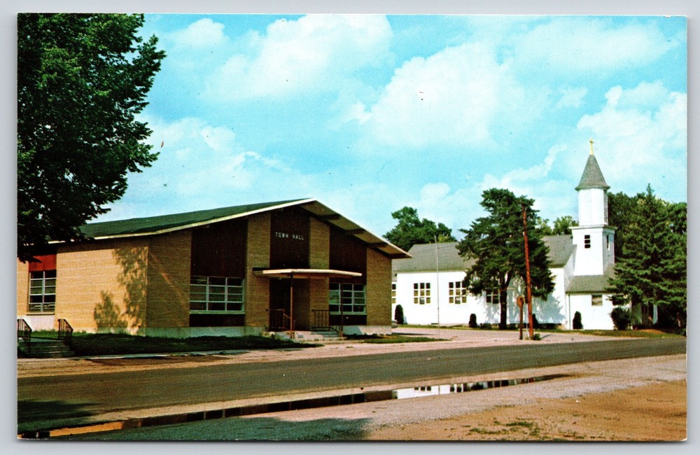 Crivitz Wisconsin~Town Hall & Lutheran Church Bldg Street View~Vintage Postcard