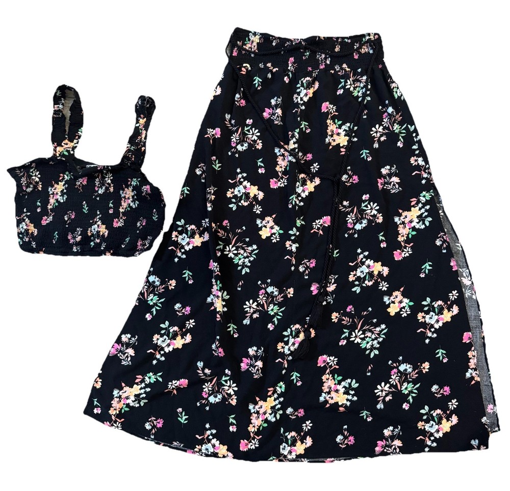 Women's 2 Pc Floral Boho Set Black Crop Top & Midi Wrap Skirt Summer Outfit