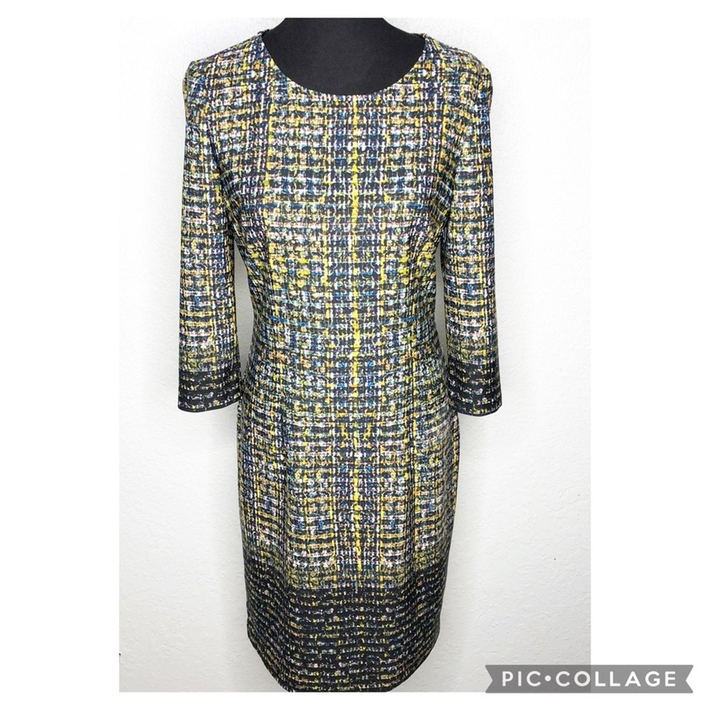 Joseph Ribkoff black white yellow blue sheath dress size 12