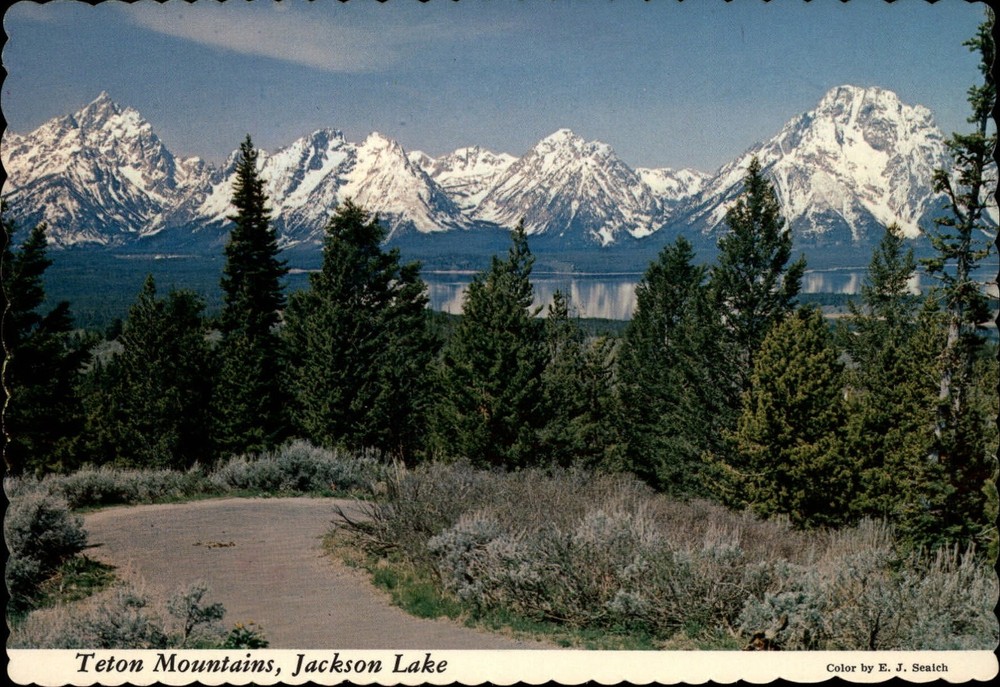Jackson Hole Wyoming Teton Mountains snowy Jackson Lake unused vintage postcard