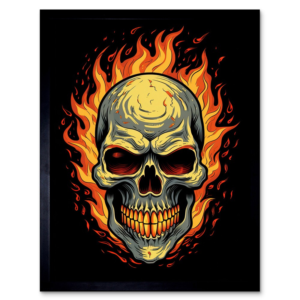 Skull Flames Old School USA Tattoo Rockabilly 50s Framed Print Wall Art 12x16