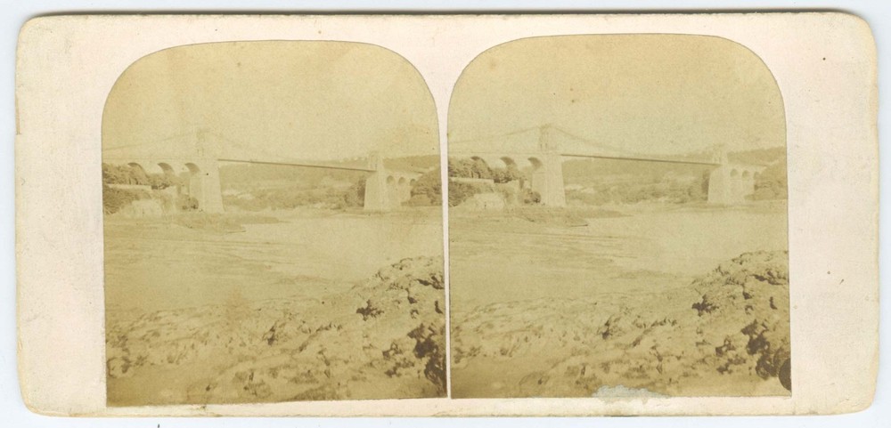 G2028~ WALES – Menai Suspension Bridge 1860s Stereoview – W. Sharpe