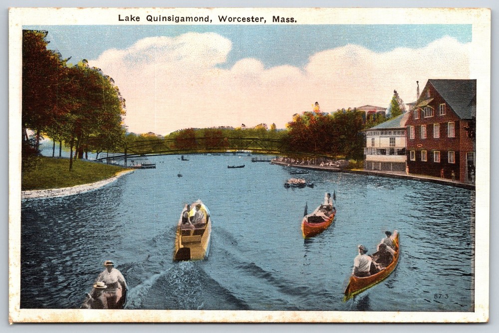Worcester Massachusetts~Boats On Lake Quinsigamond W/ Bridge~Vintage Postcard