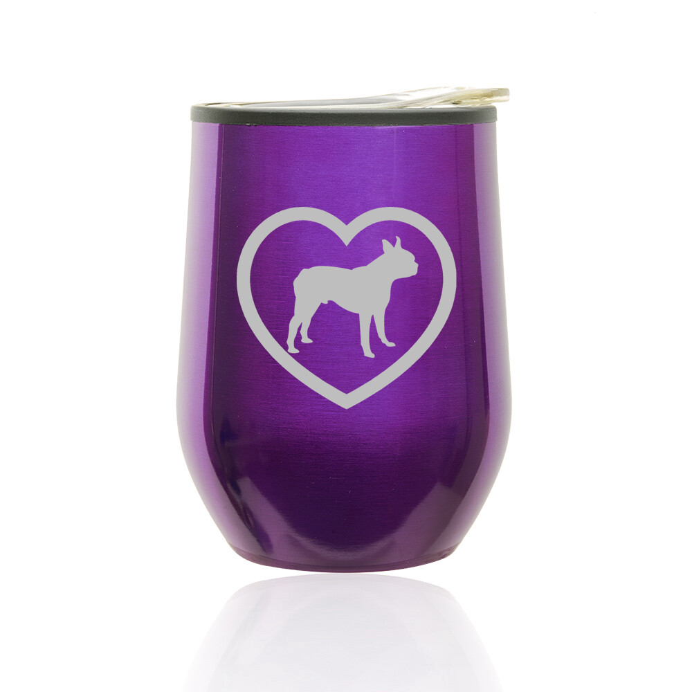 Stemless Wine Tumbler Coffee Travel Mug Glass Cup w/ Lid Boston Terrier Heart