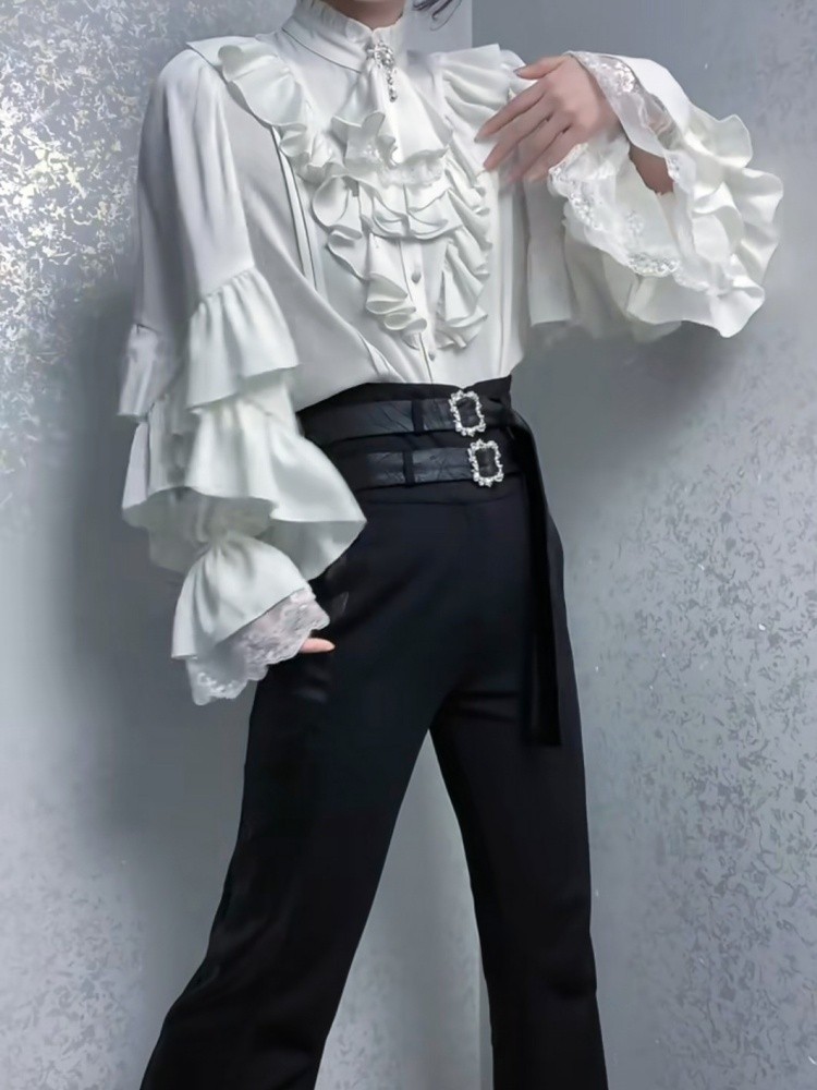 Men's White Gothic-style shirt long-sleeved Top unisex blouse
