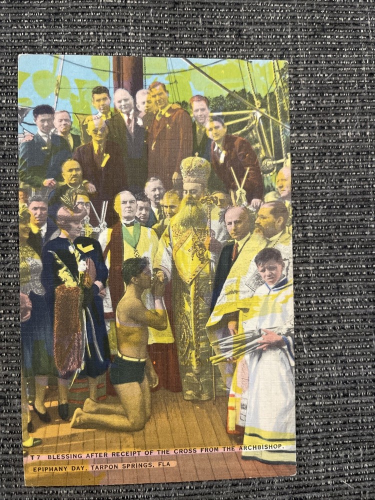 Linen Postcard Tarpon Springs, FL~Epiphany Day Blessing After Receipt Of Cross