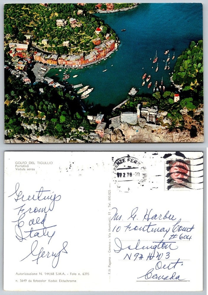 Portofino Italy 1970 Aerial View Postcard Golfo del Tigullio Kodak Ektachrome