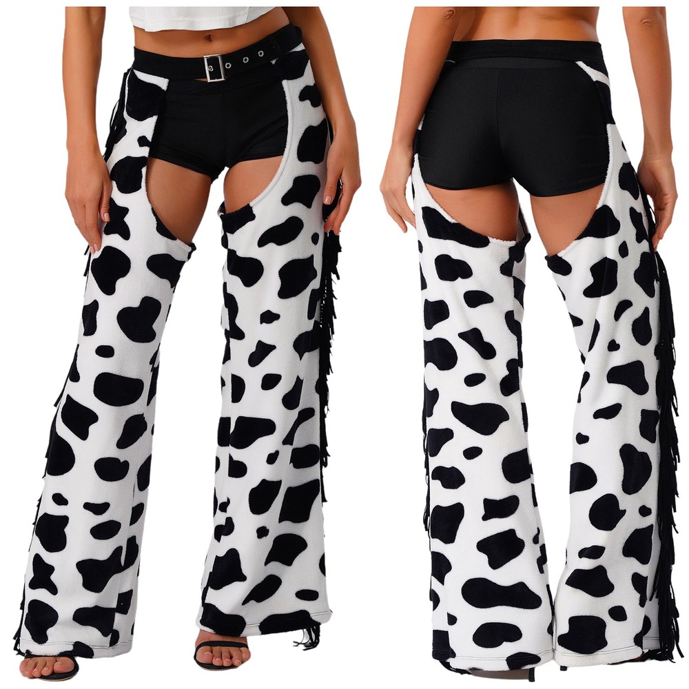 Womens Cow Print Open Crotch Cowboy Chaps Adjustable Belt Tassel Costume Cosplay