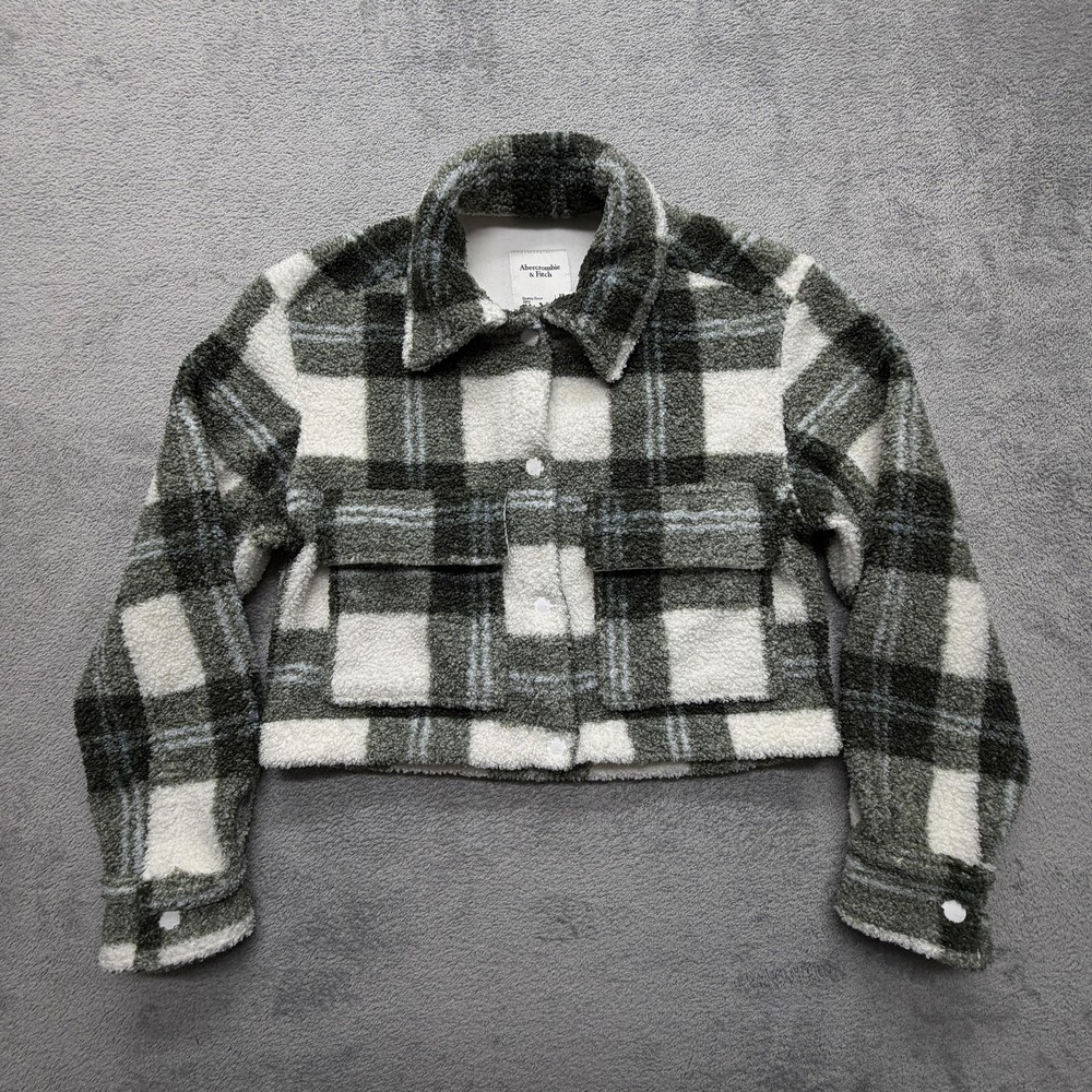 Abercrombie & Fitch Jacket Womens XS Green Plaid Sherpa Fleece Cropped Coat