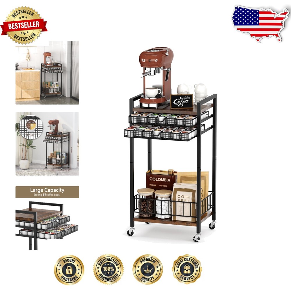 Durable Coffee Bar Organizer Cart in Rustic Brown – 84 K-Cups Storage Solution