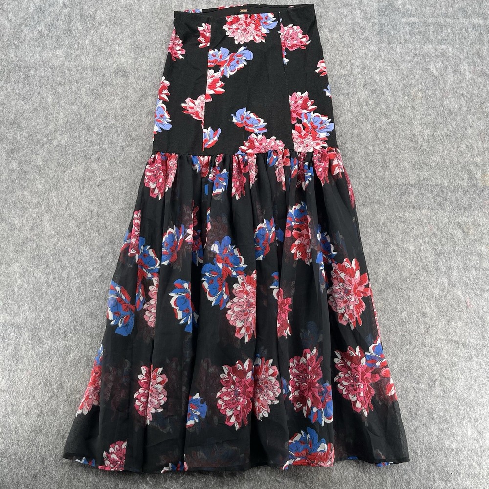Free People Black Floral Strapless Dress Tube Top Fit/Flare Sheer Skirt XS