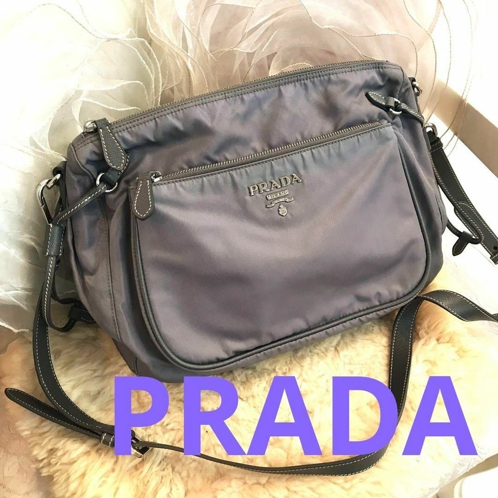 RARE PRADA Blue Gray Nylon Shoulder Bag Crossbody Lightweight Excellent Condition