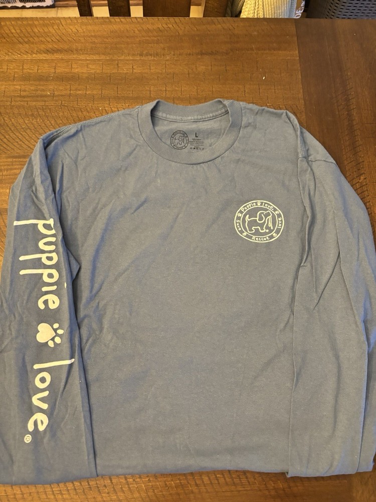Puppie Love Graphic Logo Tee Blue Crew Neck Long Sleeve Unisex Adults L