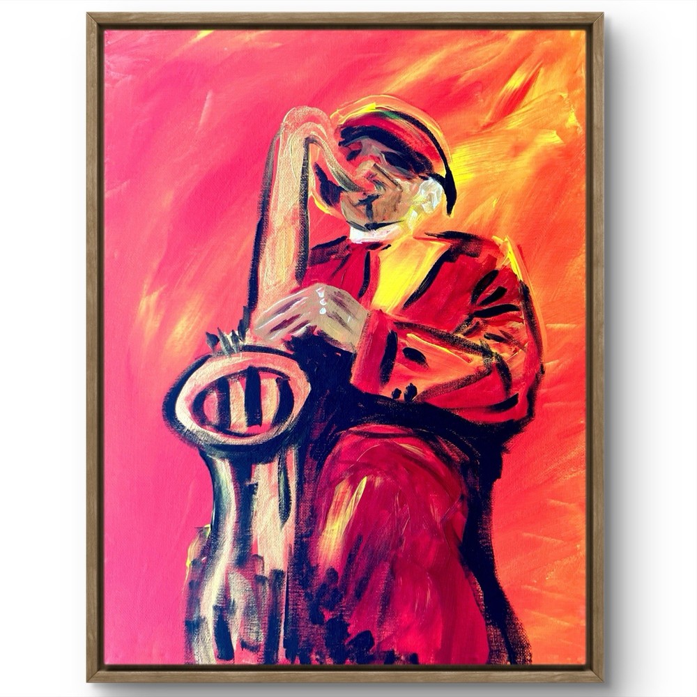 TITA PAINTZ Red Saxophone Player Hand Painted 12x16 Canvas Wall Art