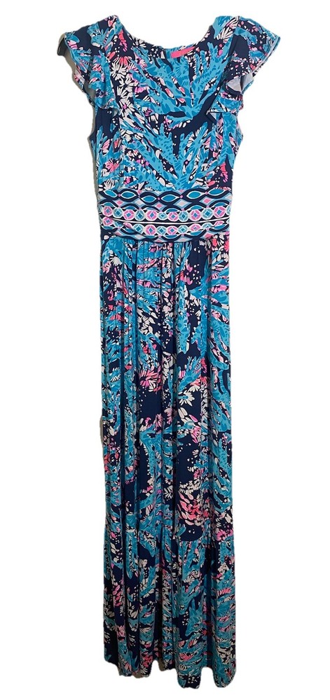 Lilly Pulitzer Mylea High Tide Navy Coral Club Maxi Dress Size Small Summer
