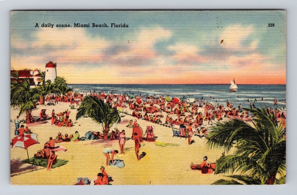 Miami Beach FL-Florida, Sun Bathing in January, Antique Vintage Postcard