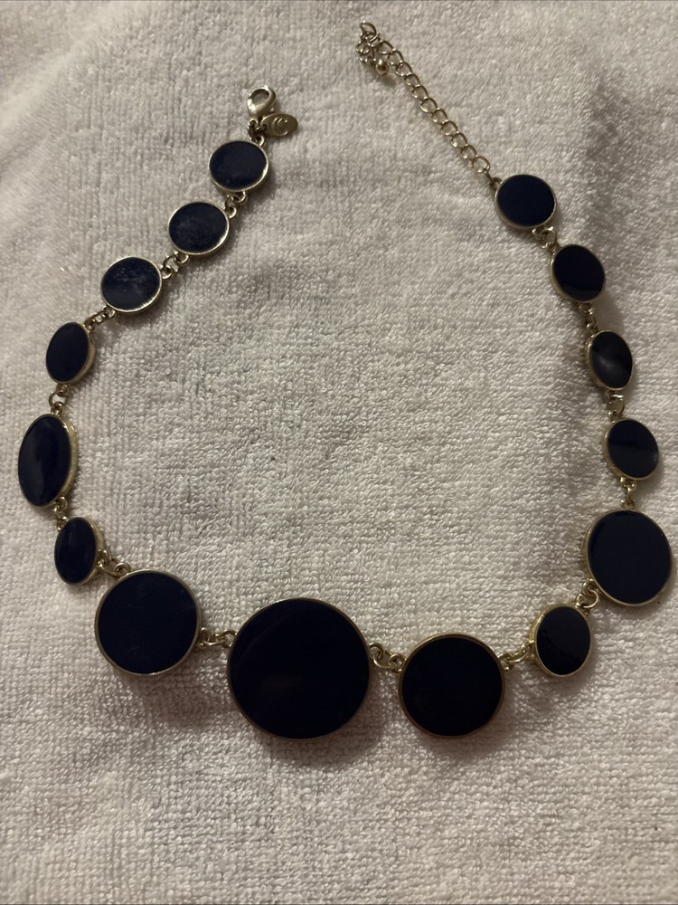Vintage Navy Blue Enamel Disc Necklace Gold Tone 18” + 3” Extender Statement Bib