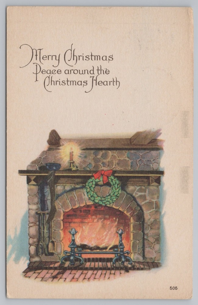 Karle~Merry Christmas~Peace Around Hearth~Candle & Fireplace~PM 1923 Postcard