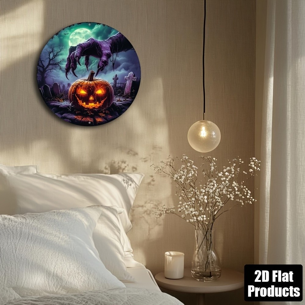 Halloween Zombie Glowing Eyes Spooky Round Metal Decor
