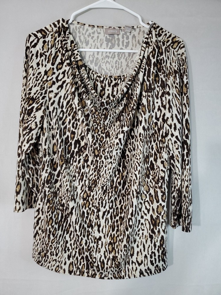 Chico's Blouse Women's Size 2/large Cowl Neck Leopard Animal Print Office Career