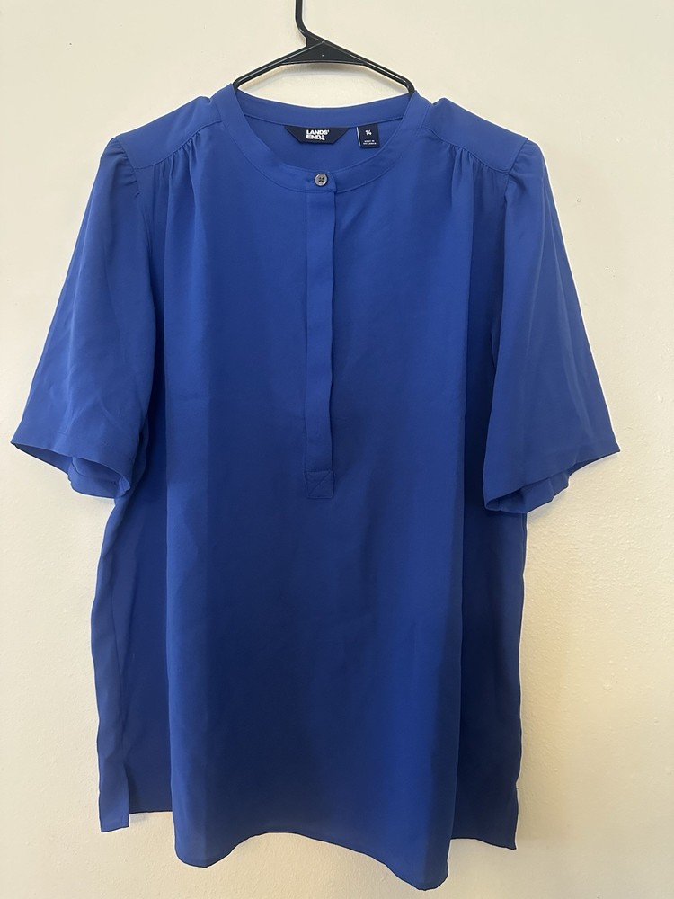Lands' End Blue 100% Polyester Round Neck Button Short Sleeve Blouse Size 14